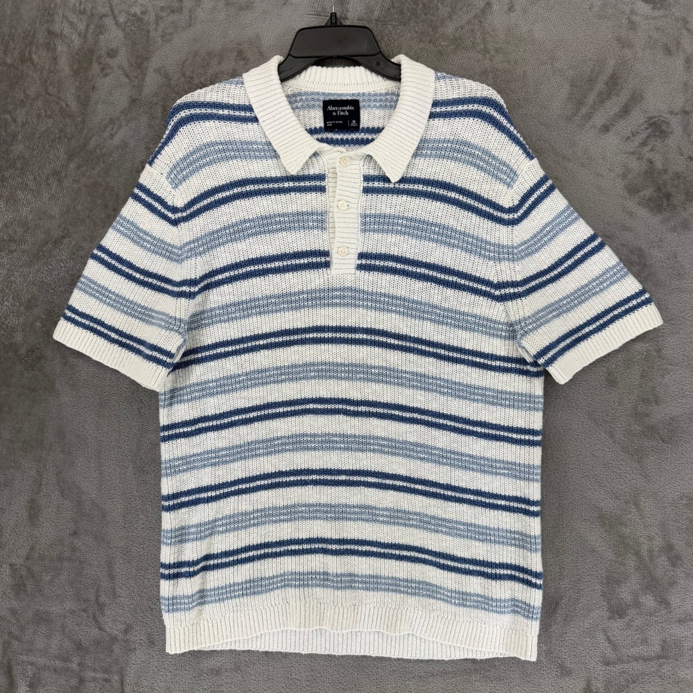 Abercrombie & Fitch Polo Sweater Mens Medium Blue White Striped Cotton Knit Top